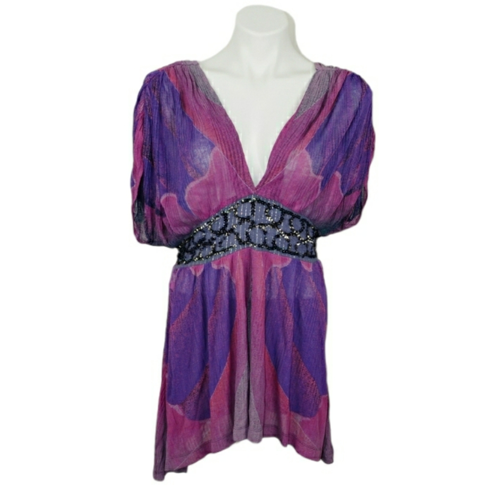 Free People Flowing Deep V Neck Beaded Top 🌷